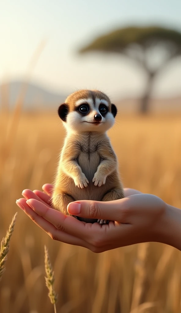 Mini meerkat from the African savannas, Very realistic cuddly girl in the palm of my hand detailed 8k