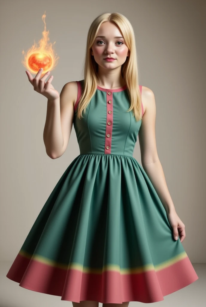 game character a beautiful sorceress with long blond hair wearing watemelon dress casts a fireball in a dynamic pose without background, concentration, cold atmosphere, a bizarre mix of colors