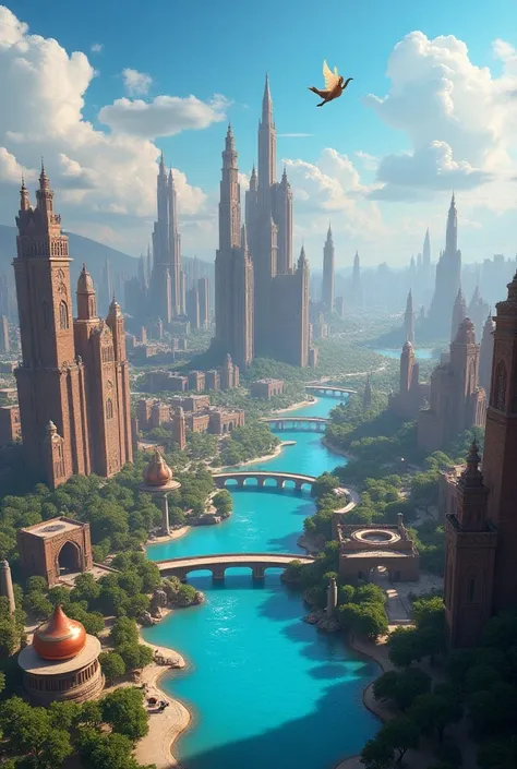  An image of the country of geniuses like the genie in the lamp of Aladdin ,  with palaces and geniuses flying around the city doing magic streets and lakes,  park and everything you can have a . City of Geniuses 