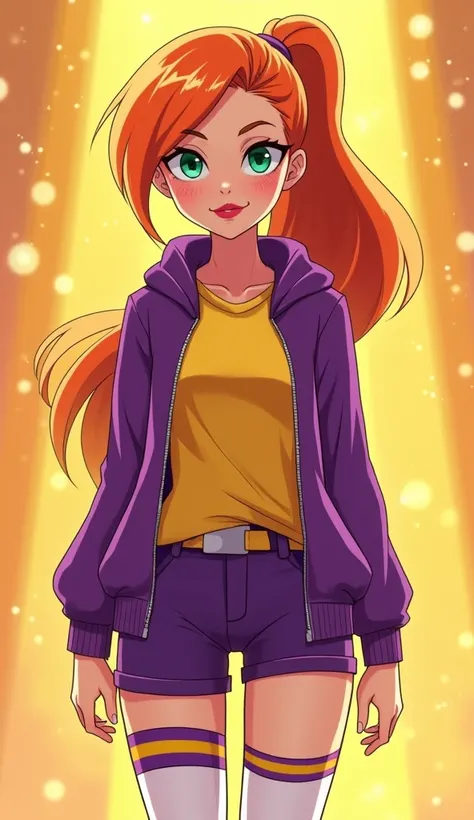 (Close up), (Close up from top of head to bottom of thigh) ((Barbara from DC Super Hero Girls 2019)), Barbara is a tall, slim and fair-skinned teenager with rosy cheeks, bright-emerald eyes and long, hot-orange hair with a brighter-colored ombre on the bot...