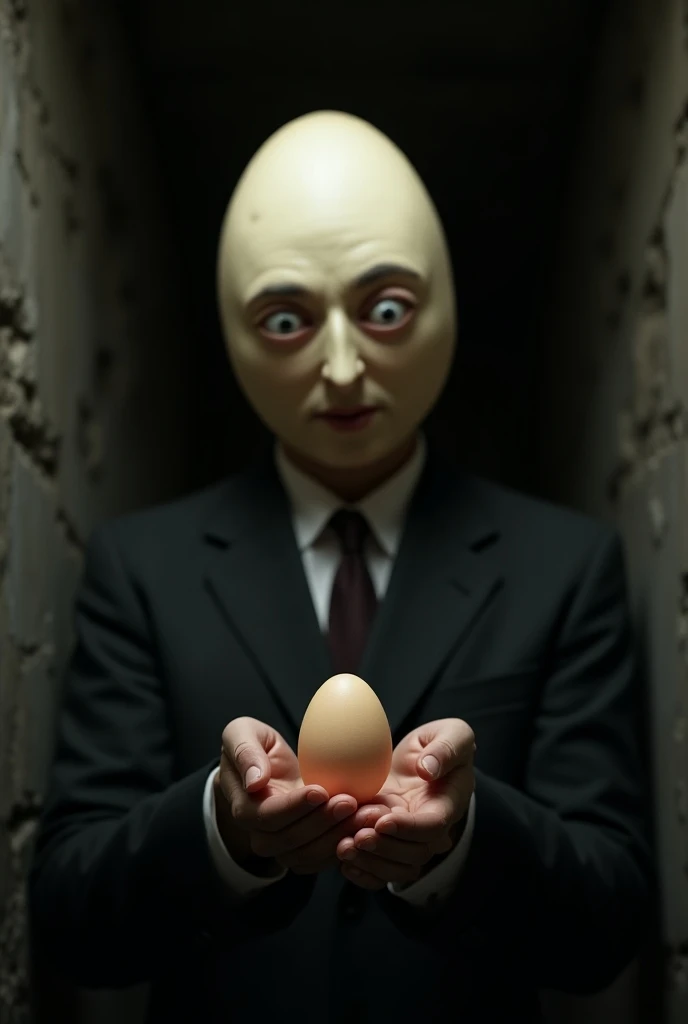 Egg-faced man holding a mini egg in his hands in a dark basement, Absurd image 