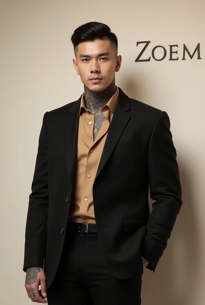 Attractive and tattooed young man wearing a black jacket and elegant camel shirt and elegant camel shirt and in the background the logo of his company called Zoem with Saint Serif lettering with a pearl-colored wall