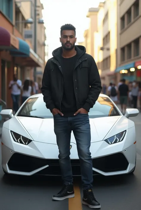 A handsome man wear hoodie name HAKim and wearing a denim and standing beside a white lamborgini at town baground