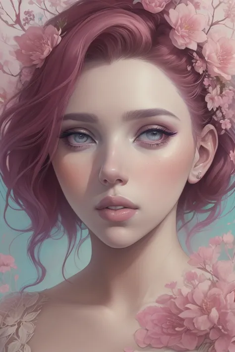 Scarlett Johansson in A botanical masterpiece in the style of Marco Mazzoni, detailed, hyper-realistic, front view, elemets of symbolism and surrealism, a painting by mse a attractive seductive Scarlett Johansson by agnes cecile, luminous design, pastel co...