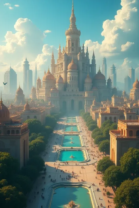  An image of the country of geniuses like the genie in the lamp of Aladdin ,  with palaces and geniuses flying around the city doing magic streets and lakes,  park and everything you can have a . City of Geniuses , More geniuses flying through the sky