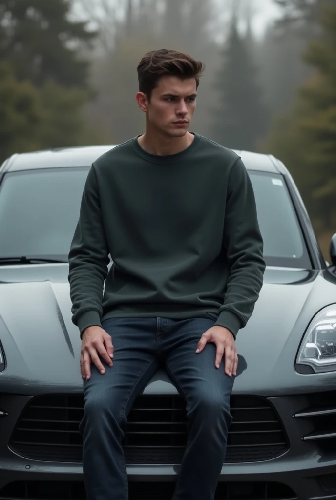 A brunet man, wearing a sweatshirt, sitting on the hood of a dark gray porsche macan, blurred background