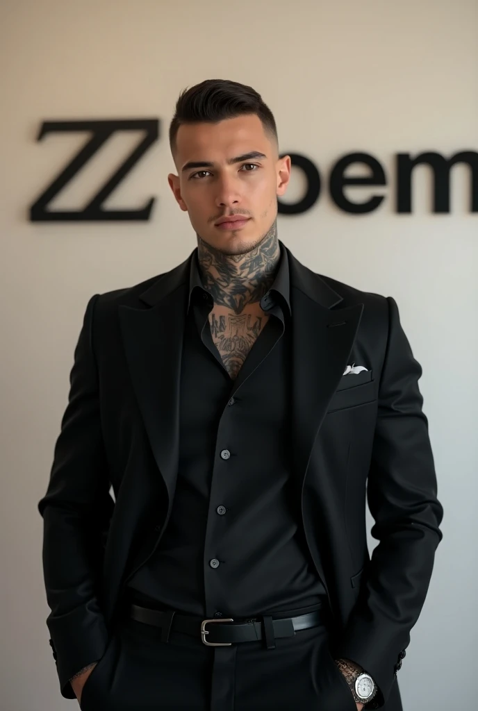 Attractive and tattooed young man wearing a black jacket and elegant shirt and in the background the logo of his company in large called Zoem with Saint Serif typography with a pearl-colored wall