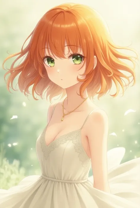 A girl with short orange hair that is very fluttering in an elegant white dress and green anime-style eyes and looks from head to toe