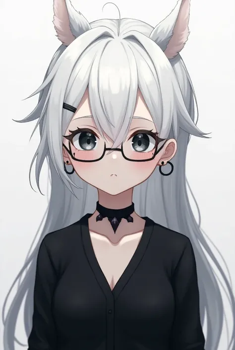  An anime-style character , white hair,  two short Maria s , two small horns on the head, black eyes,  along with visible eyelashes , a straight eyeglass ,  a medium hoop earring ,  a choker with small thorns ,  a black outfit along with a small black skir...