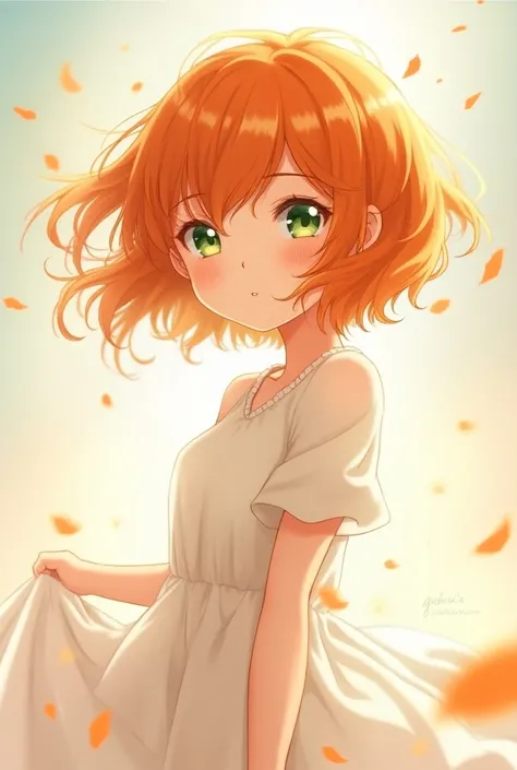 A girl with short orange hair, very fluttering in a white dress and green eyes, anime-style 