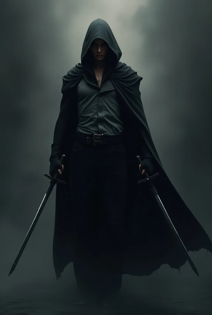 Create a character with black hair black eyes black cape black pants black shoes white shirt with 2 swords 