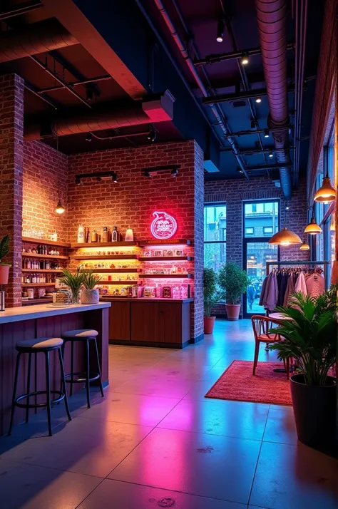 Create a store with brick walls and colorful lighting