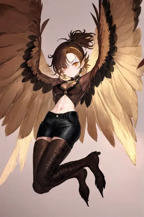 ((Best Quality)), ((masterpiece)), (detailed),  Fantasy ,Ruins of an old castle, One Harpy Girl With Light Brown Wings,Full Body Shot,Raise your knees,Light brown hair,Golden Eyes, ponytail spiked hair,Bangs that cover one eye,Raise your cheeks ,Laughing w...