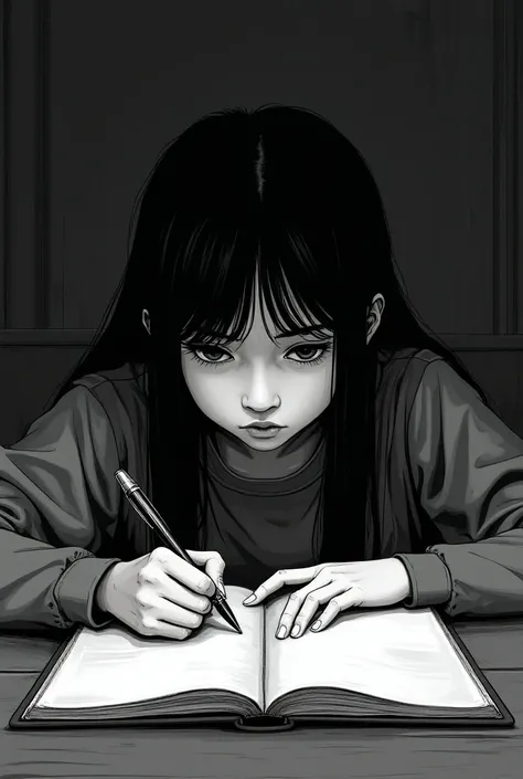 black and white, Dark-haired girl at a desk writing in her diary with a sad face. comic type drawing