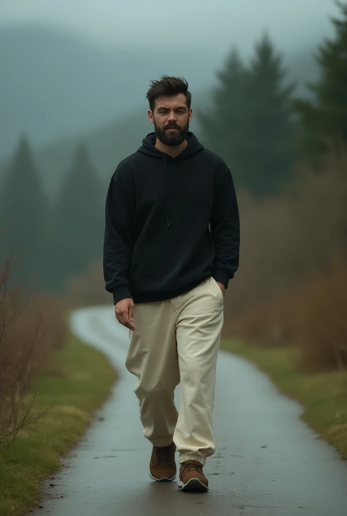 A tall 28-year-old man with a short black-haired beard dressed in a cream jogger, brown shoes a black sweatshirt ,  crying walking on a path  