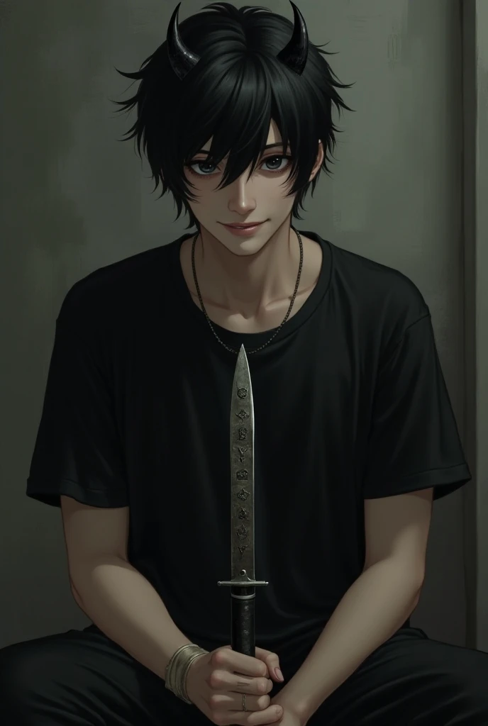 Light novel, like a painting, black t-shirt, black hair, dark detailed eyes, bloody, male, fantasy world, tiny black devilish horns, mature, holding a knife with symbols, smile, scary but welcoming smile, ish smile, beautiful, details, intricate details, s...