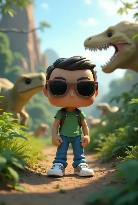 Create funko pop, , short hair, pants, blue, white sneakers, green t-shirt, sunglasses, Dinosaur landscape 