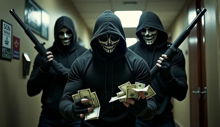 A group of masked thieves. Muscular. Dressed in black. Muscular. Mask on the face with a skull drawing on it. Holding weapons in one hand and a lot of money in the other. The place is a bank. Background isolation film shot.