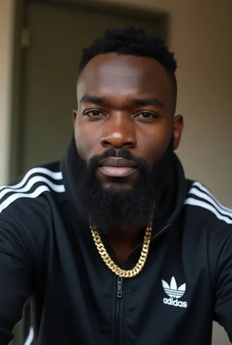 Eric Kofi Abrefa look a like with full beard that frames his face wearing a adidas track suit, gold chain 4k ultra realistic photo high quality taking a selfie photo 