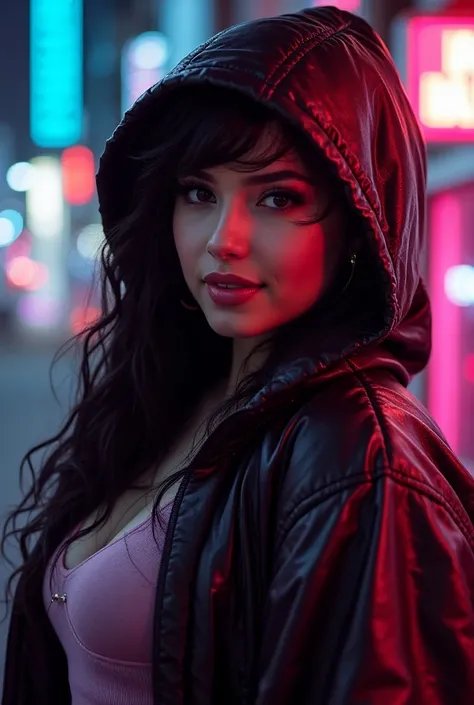 a beautiful (chubby) female model sunny Leone 29yo, cyberpunk style, hood, neon lights, high-tech clothing,  bubble woman looking towards viewers