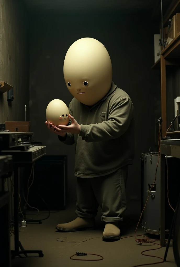 Man with an eggs face looking after a mini egg with a face in a dark basement of music , Absurd image 