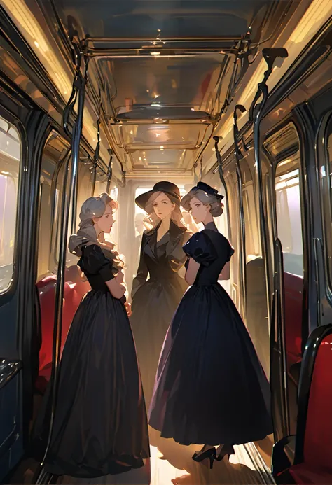 High image quality、Masterpiece、Best Quality、woman、young、Upper body only、Silver Hair、Long Hair、curl、Inside the train、Magazine Cover、Black clothes、 black dress to hang your body、 Disney Princesses Take Their Seats、Wear a hat、1870s