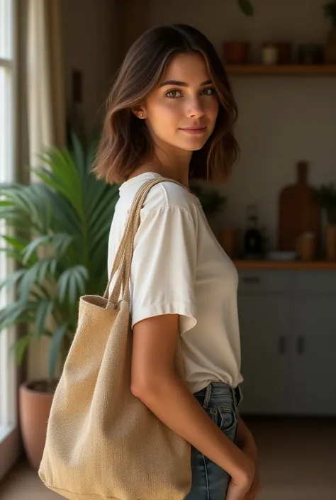 Brunette housewife about 33 years old with a realistic jute bag 