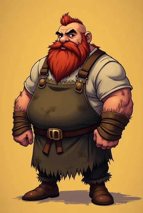 Full body, subject in semi-profile, 1 dwarf, man, bearded, braids in the beard, dark-skinned, furrowed forehead, round nose, red hair, red beard, muscular arms, hair on the arms, short stature, medieval costume, t-shirt, apron dirty, anime style, simple dr...