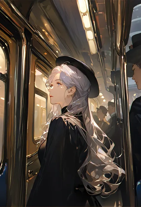 High image quality、Masterpiece、Best Quality、woman、young、Silver Hair、Long Hair、curl、Inside the train、Magazine Cover、Black clothes、 black dress to hang your body、Disney Princesses、Wear a hat、1870s、Take a seat 、 upper body