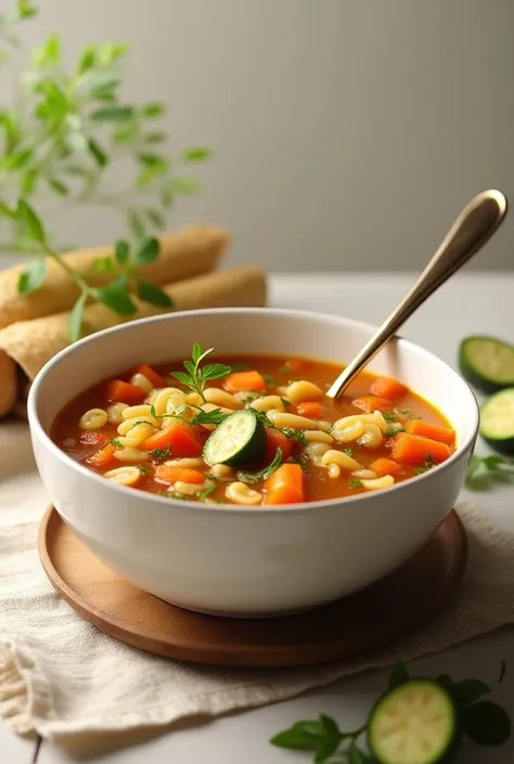 um prato com uma sopa de legumes com carrot, Pasta , potato, carrot, xuxu.  Now with a spoon also  
