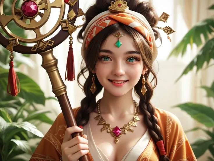 a tall and attractive young woman .  She has long, messy brown hair that is usually tied in two long braids .  She has bright and gentle eyes and is often seen with a smile on her face a Divine Staff .
 She wears a turban as a head ornament with a wing-sha...