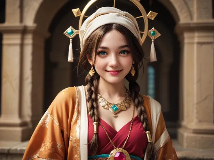 a tall and attractive young woman .  She has long, messy brown hair that is usually tied in two long braids .  She has bright and gentle eyes and is often seen with a smile on her face a Divine Staff .
 She wears a turban as a head ornament with a wing-sha...