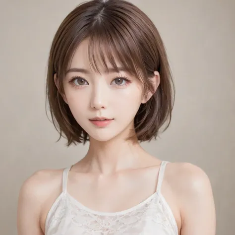 japanese, petite women,  physical build, , long, narrow eyes, a fleeting atmosphere, age 30, brown bob hair, ((thin lips)), whit...