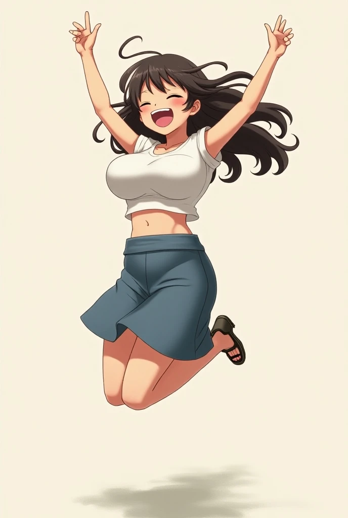 A burnette japanese woman, jumping up, flopping big saggy boobs, happy face and arms in the air