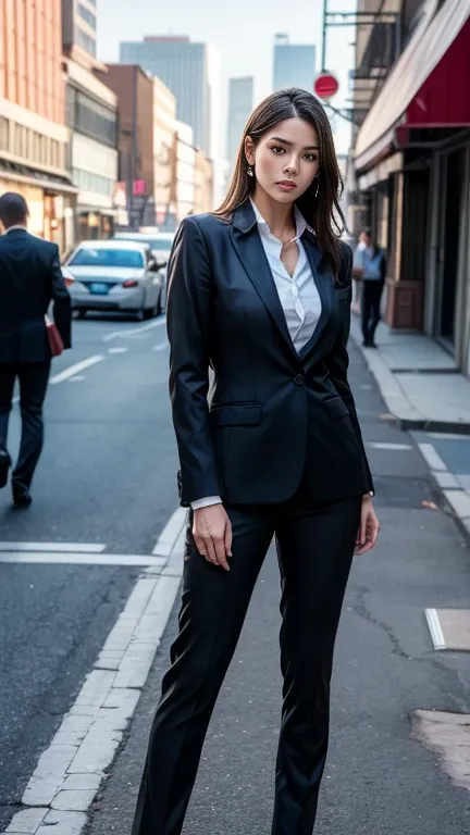 (8k, raw photos, 最high image quality, masterpiece: 1.2), (realistic, photorealistic: 1.37), 1 woman in a suit standing on the si...