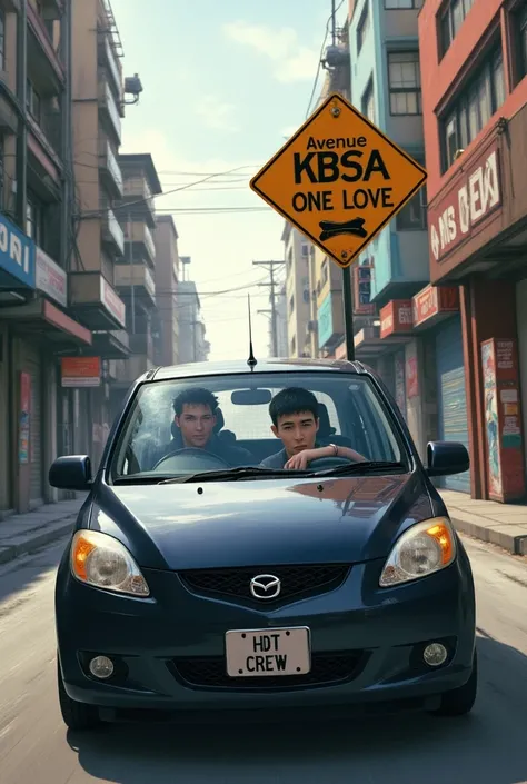 Create an image of a young man driving a Mazda Demio car from the year 2006 and who sees a traffic sign on the road that says avenue KBSA One Love And that in the background you can see a graffiti that says HDT crew 