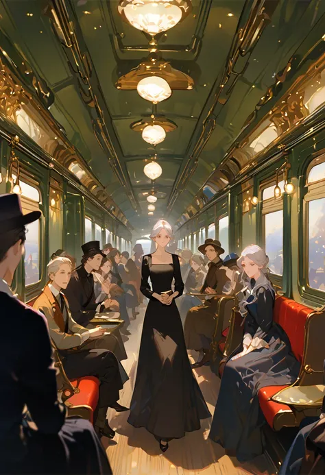 High image quality、Masterpiece、Best Quality、woman、young、Silver Hair、Long Hair、curl、Inside the train、Magazine Cover、Black clothes、 black dress to hang your body、 Disney Princesses Take Their Seats、Wear a hat、1870s、Take a seat 、 upper body、Sleeper train