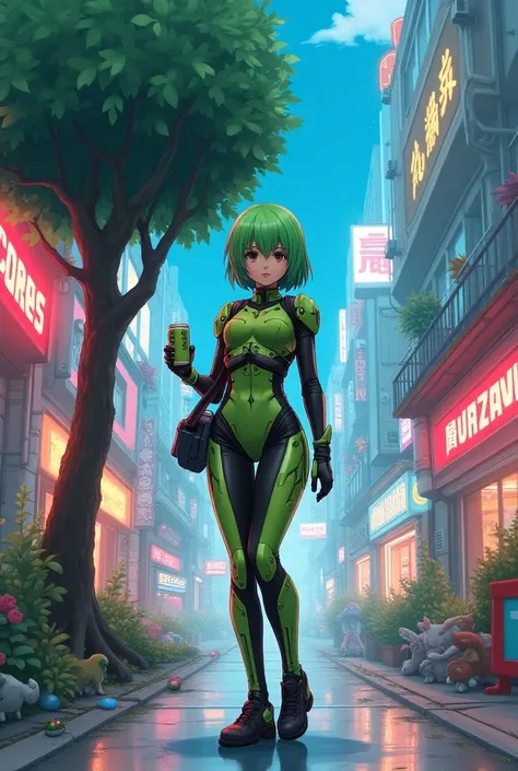 a girl in a futuristic Evangelion plug suit style outfit, short green hair, oculus cCyberpunks drinking a can of soda, in a futuristic square with a tree and rens toys, in anime style, illustration by Tatsuya Endo.