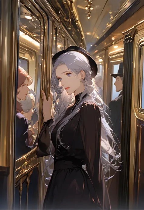 High image quality、Masterpiece、Best Quality、woman、young、Silver Hair、Long Hair、curl、Inside the train、Magazine Cover、Black clothes、 black dress to hang your body、Disney Princesses、Wear a hat、1870s、Take a seat 、 upper body、Agatha Christie、Orient Express