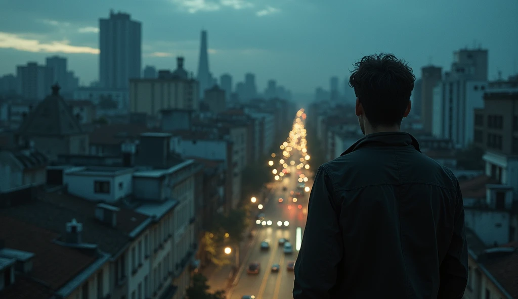  Man looks at the city of Buenos Aires from a high point, Illuminated at night, like a roof .  The city has an air of fragility ,  with old buildings and empty streets . The light of dusk bathes the scene,  and there is a feeling of melancholy and vulnerab...