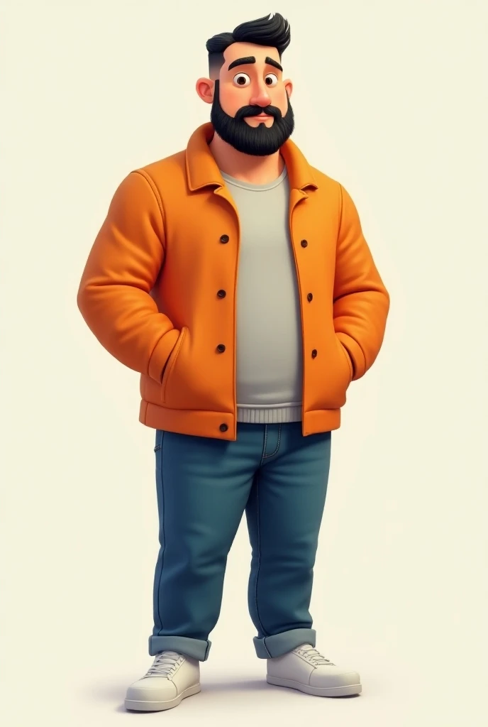 A man of 1 meter height.60, 38 years old, with shaped pectorals and thin, with a neat beard, black hair, low cut military cut with blue Jean, white shoes and orange jacket, pixar-like drawing