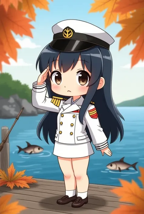 Chibi、Female admiral、Japanese、 long straight black hair、naval salute、White Uniform、Autumn Swordfish Fishing