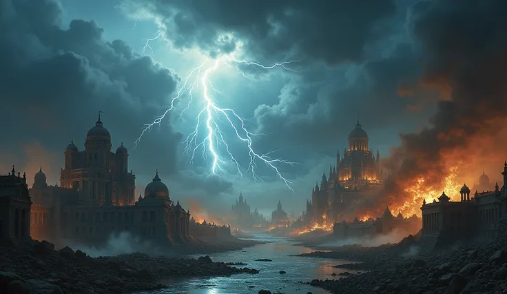 " Create an epic video of the destruction of empires using the image of a stormy sky ,  with lightning descending over ancient palaces and temples .  Show dark clouds gathering and powerful lightning striking imposing structures . Raging winds must sweep t...