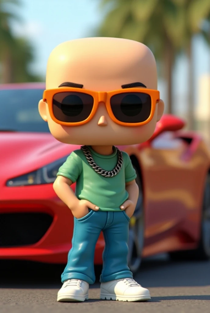 Create funko pop, , bald, pants, blue, white sneakers, green t-shirt, orange sunglasses,chain on the neck, Next to a Ferrari