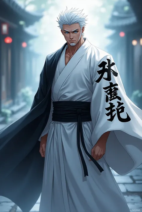 A slightly strong man ,  Blue eyes as if with mystical energy ,  short white hair and white kimono with black Japanese letters and a cape, realistic anime style