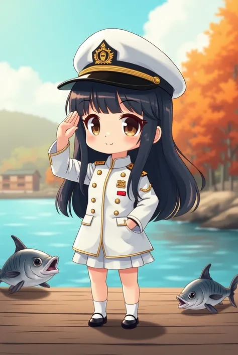 Chibi、Female admiral、Japanese、 long straight black hair、naval salute、White Uniform、Autumn Swordfish Fishing