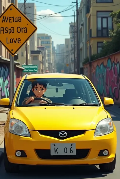 Create an image of a young man driving a Mazda Demio car from the year 2006 yellow and who sees a traffic sign that says avenue KBSA One Love and that in the background you can see a graffiti that says HDT crew 