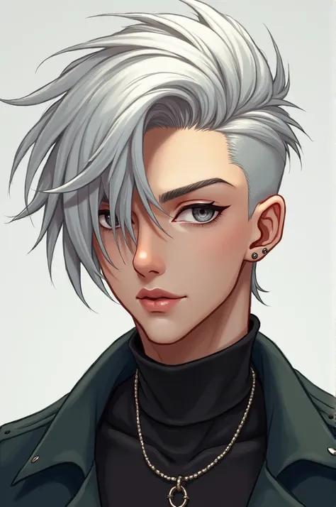  Creates a male adolescent of approximately  with a slightly muscular body somewhat defined, medium long white hair shaved at the sides ,  gray eyes and left ear piercing  