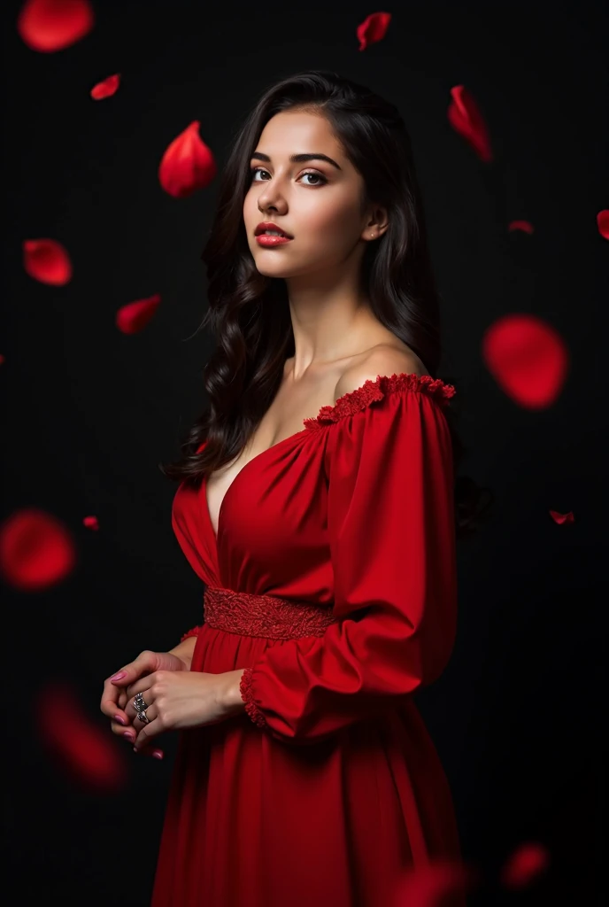 Sunny Leone, beautiful female woman model  red народной одежде, autumn, on black background, red rose petals falling