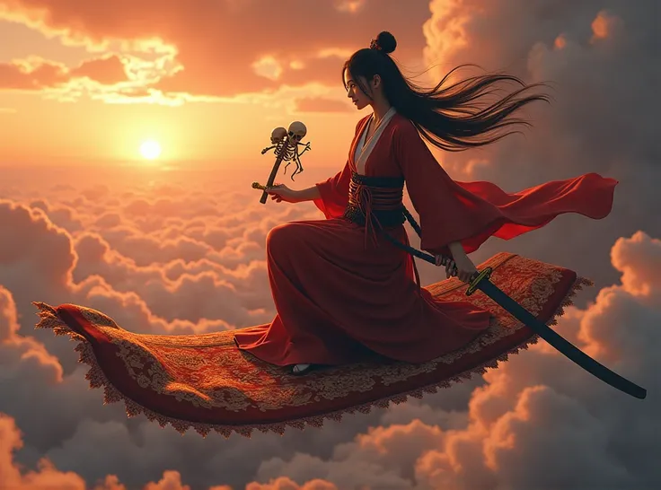 ((one very beautiful Japanese samurai girl:1.5), ((riding a floating magic carpet in the sky:1.5)), sexy cloth, she is happy, ((floating magic carpet)), ((flying in the sky)), ((one skeleton of monster in one hand)), ((one sword in another hand)), (((a hun...